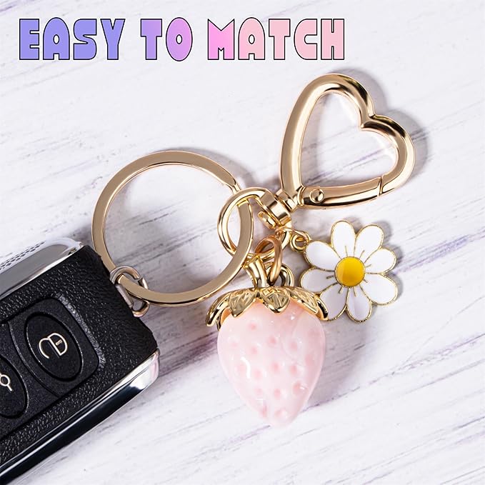 Wikavanli Cute Strawberry Keychain,Bag Charms,Kawaii Heart Flower Daisy Key chains Accessories Decor for Women Girls Purse
