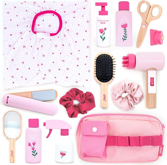umu® Wooden Hair Salon Playset – 17 Pcs Pretend Hairdressing Toy with Hair Dryer Straightener Mirror Comb & Accessories – Little Woman Design Beauty Role Play Toy for Girls Ages 3 4 5 6