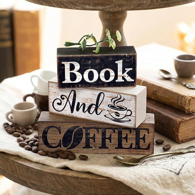 Moucuny 4 Pcs Farmhouse Wooden Tabletop Decor Farmhouse Coffee Tiered Tray Decor Rustic Eucalyptus Leaves Wood Block Sign Gift Sweet Home Centerpiece Home and Café Table Decoration