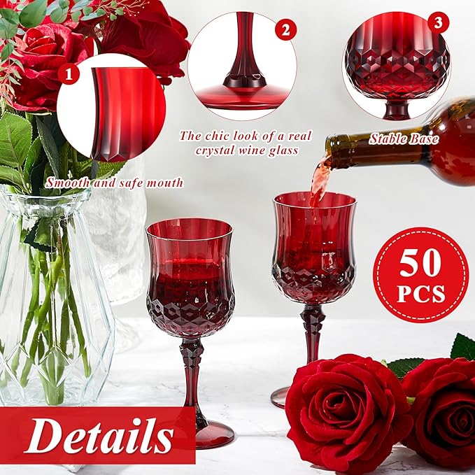 Pinkunn 50 Pcs 7 oz Plastic Vintage Wine Glasses Reusable Colored Goblets Patterned Drinking Water Glasses Cup Dishwasher Safe for Valentine's Day Wedding Reception Party Supplies (Red)