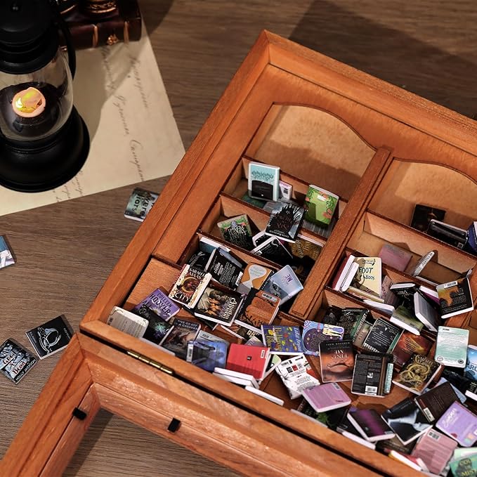 Anxiety Bookshelf Shake Away Your Anxiety, Miniature Book Display Case Cabinet with 200 Mini Books, Creative Wooden Mini Bookshelf Shake Anxiety Stress Reliever Funny Gifts for Book Lovers (Brown)