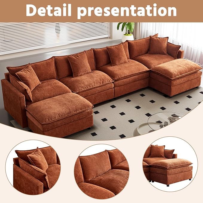 142" Modular Sectional Sofa with 2 Ottomans, 6-Seat Modern Chenille Cloud Couch, Convertible U/L-Shaped Sleeper Sofa with Double Cushions & 4 Lumbar Pillows for Living Room, Apartments and HomeTheater