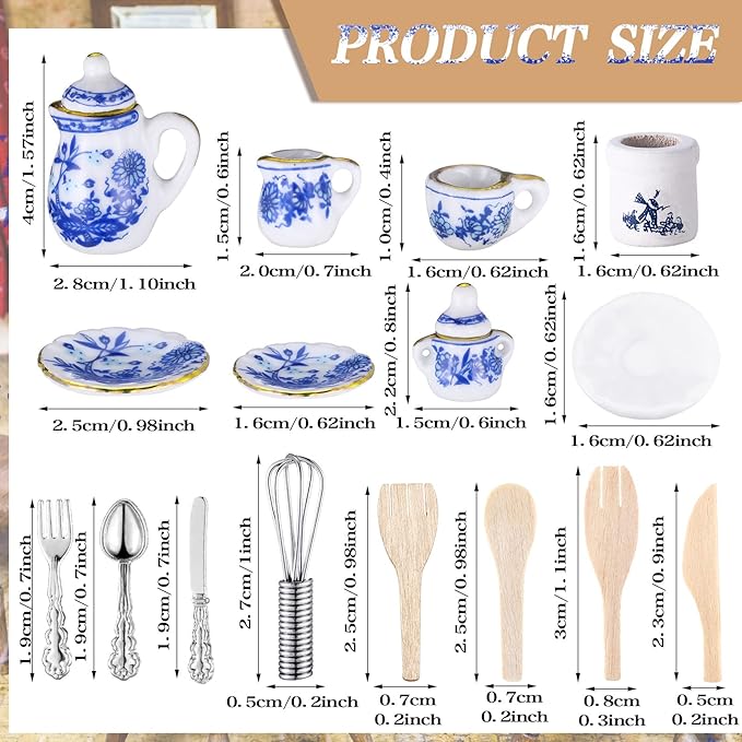 Zhanmai 47 Miniatures Dollhouse Kitchen Accessories Miniature Porcelain Tea Cup Set, Metal Pots and Pans Include 16 Mini Doll Plates Knife Fork Spoon, 6 Egg Beater Utensil, 10 Stovetop Cookware