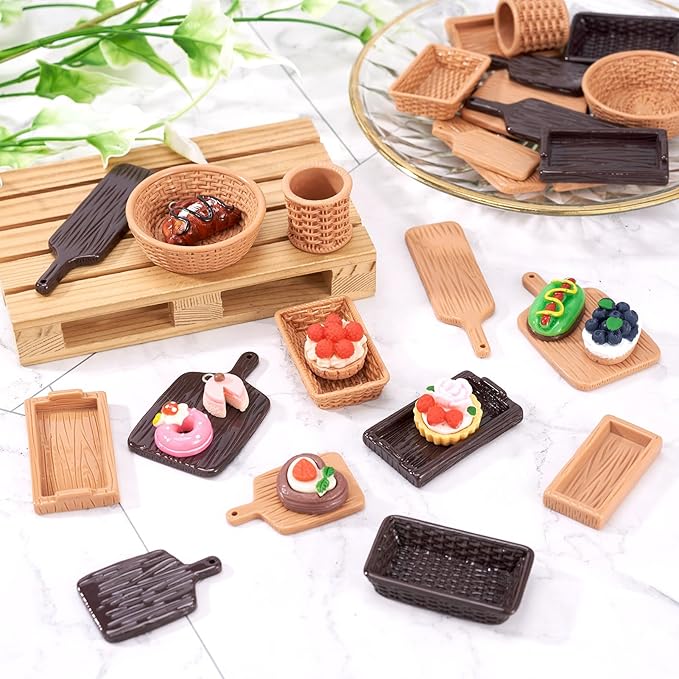 26 Pcs Plastic Miniature Trays Miniature Kitchen Basket Food Trays Cute Tableware Dishes Dollhouse Ornaments for Landscape Dollhouse Garden Tea Party Decor