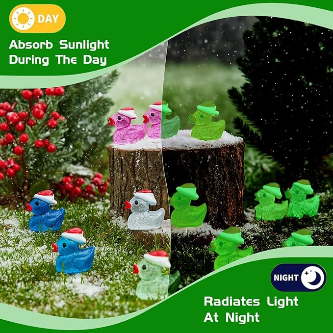 160pcs Luminous Mini Dollhouse Glitter Ducks Colorful Christmas Tiny Resin Ducks Plastic Animal Figures to Hide and Seek for Fairy Garden Landscape Aquarium Decorations Potted Plants Festive Decor