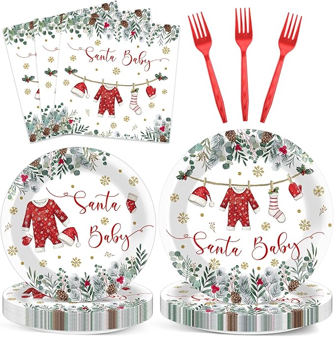 96 Pcs Christmas Baby Shower Party Plates Napkins Santa Clothes Tableware A Santa Baby Is On The Way Plates Napkins Christmas Shower Supplies Xmas Party Dinnerware Set Decorations for 24 Guests