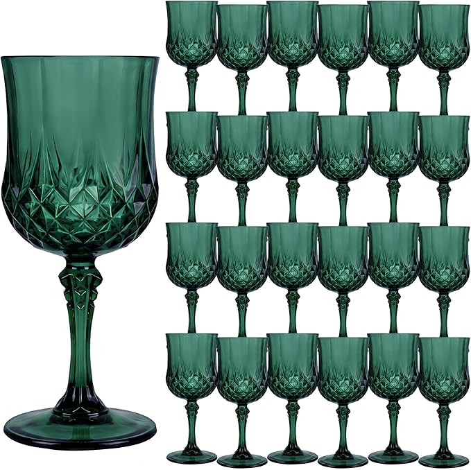 LEYIQU Plastic Wine Glasses, Plastic Goblets Vintage Style Cordial Drinking Glasses for Valentine’s Day, Wedding Reception, Grand Event Party Supplies (24, Green)