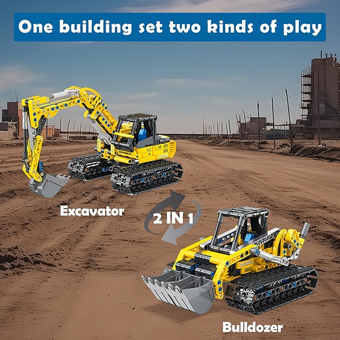 2-in-1 Construction Vehicle Building Kit - Excavator & Bulldozer Building Toys Set | 399 Pieces STEM Learning Toys | Creative Birthday Christmas Building Blocks Gift Idea