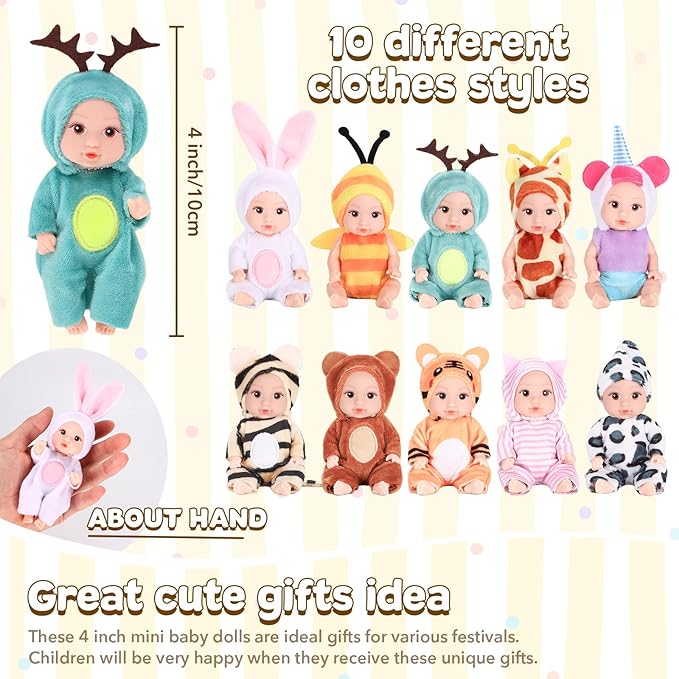 10 Pcs 4 Inch Mini Baby Dolls Playset Lifelike Realistic Baby Dolls with Handmade Animal Clothes Cute Small Baby Doll Gifts Set for Toddlers Girls Kids 3+