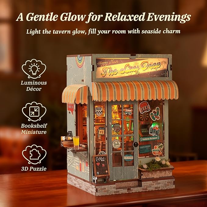 3D Wooden Puzzle Beer Bar Miniature Kit - DIY Dollhouse with LED Lights, Home Decor Display, Creative Gift for Adults and Teens (The Last Drop)