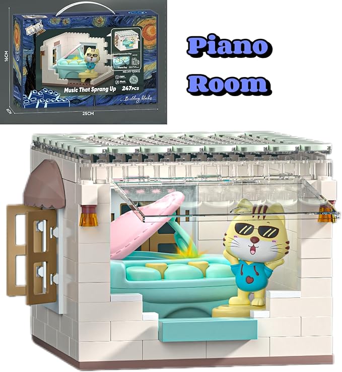 kvlidvo Koko's Cat Town DIY Miniature House Kit,Tiny House Piano Room Building Kits,Purrfect Dollhouse with 247PCS,Gift for Cat Lovers Teens Kids Ages 3+