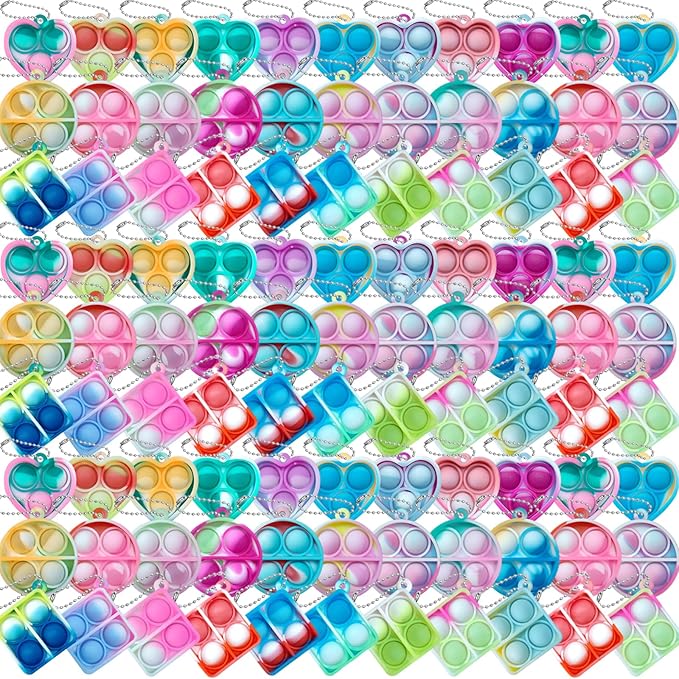 ONKULL Pop Fidget Keychain 90 Pack ,Mini Fidget Toys Bulk ,Sensory Toys for Kids ,Party Favors for Kids 4-8,8-12 Year ,Back to School Gifts for Classroom ,Valentines Goodie Bags Stuffers