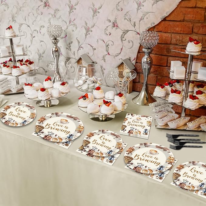 96Pcs Love Is Brewing Party Decorations Bridal Shower Tableware Coffee Theme Plates Napkins Forks Love is Brewing Coffee Dinnerware Party Supplies for Engagement Bachelorette Party Serves 24 Guests