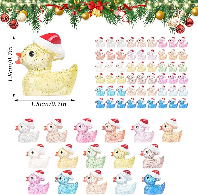 160 Pcs Mini Christmas Glitter Ducks Glow in The Dark Luminous Tiny Resin Ducks Small Duck Figurines for Xmas Tree, Dollhouse Micro Garden Landscape Aquarium Decoration Crafts