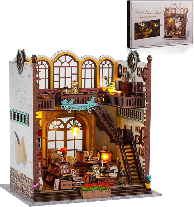 3D Wooden Magic Library Decorative Bookends - DIY Miniature House Tiny House 3D Wooden Puzzle Dollhouse Kit for Adults and Teens, Bookshelf Insert Decor, Model Build, Craft Gift for Family Friends