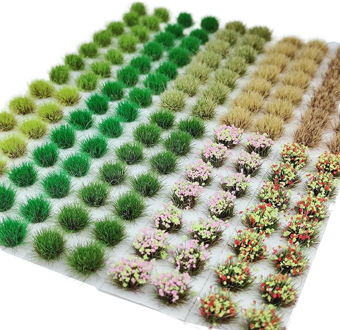 gdeplok 140 Pcs Static Grass Tufts & Miniature Flower Clusters - Artificial Grass Terrain Scenery Kit for Model Train Railway, Military Sand Table, DIY Diorama Landscape (B)