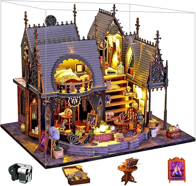 Spilay Dollhouse Miniature with Furniture,DIY Wooden Crafts Magic Doll House Mini Handmade Kit,1:24 Scale Creative Room Idea Gift (Luna's Maqic House with Dust Cover Music Box)