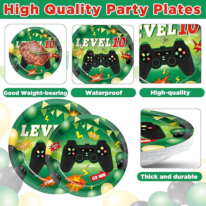 96Pcs 10th Birthday Video Game Party Decorations Green 10th Plates and Napkins Tableware Set Level 10 Dinnerware Party Supplies for Boys Gamer Gaming 10 Year Old Birthday Favors Serves 24 Guests