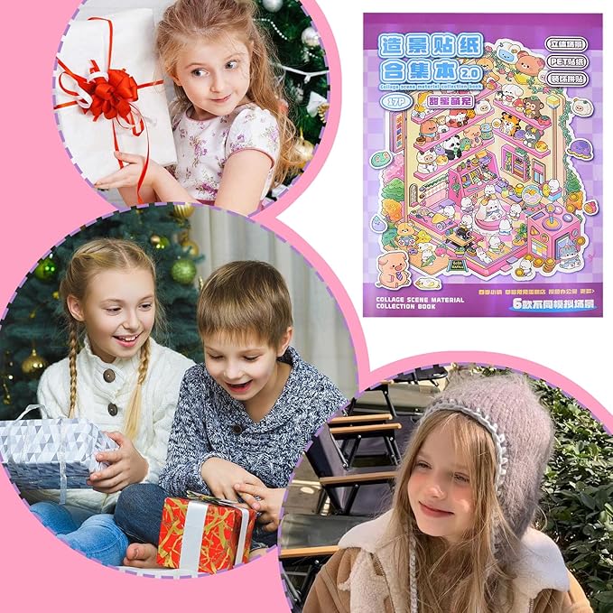 DIY Large Fun 3D Animal House Scene Stickers Book with Tweezers Make Your Own Cake Doll Shop Four Seasons Town Sticker Scenes Cute Micro Stickers for Relief Stress Pass The Time(6 Designs)