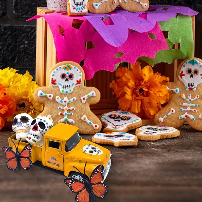 Day of The Dead Decorations for Altar Sugar Skulls Halloween Decor Metal Truck with Couple Sugar Skull Figurines Monarch Butterfly Mexican Dia De Los Muertos Decor Mini Ofrenda Altar Decorations
