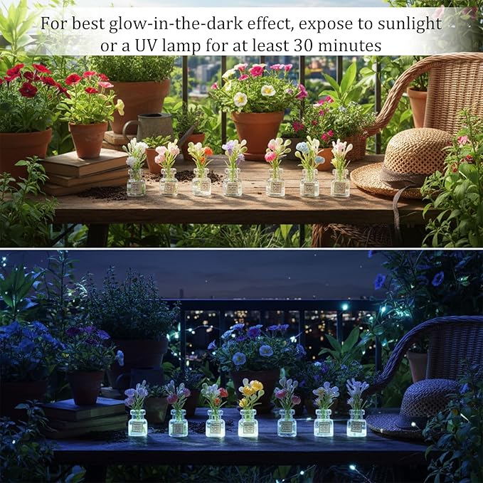 10 Pcs Miniature Dollhouse Plant Flowers, Small Glow in The Dark Glass Dollhouse Flowers, 1:12 Dollhouses Mini Vase with Flower, Faux Flower Model Dollhouses Decoration for Tiny Houses