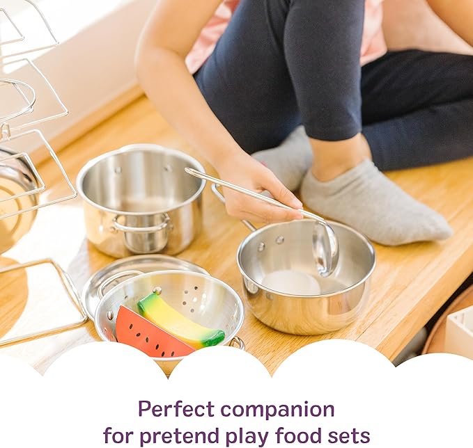 Melissa & Doug Stainless Steel Pots & Pans, 8 Piece Play Kitchen Set, Premium Play Kitchen Accessories & Cooking Utensils, Preschool Toys for Kids 3+