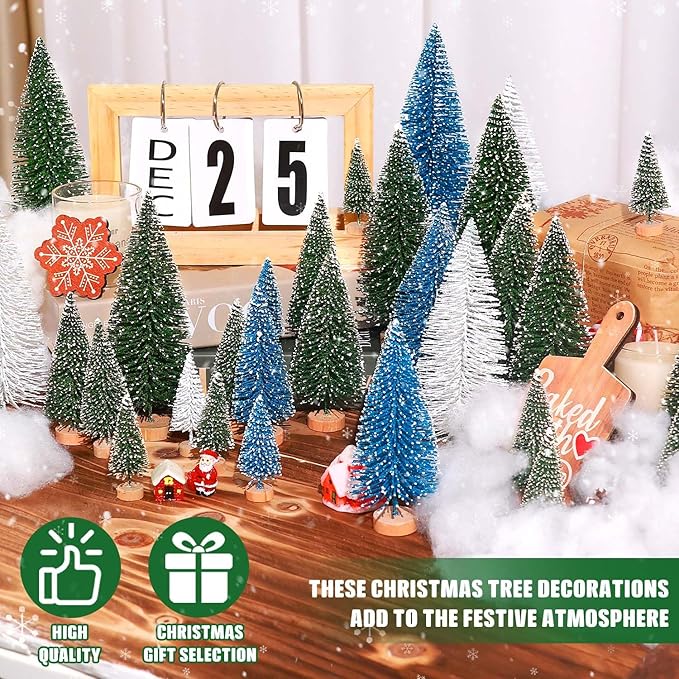 30Pcs Mini Christmas Trees Artificial Christmas Tree Bottle Brush Trees with Wooden Base for Christmas Decor Christmas Party Home Table Craft Decorations(Green+Blue+White)