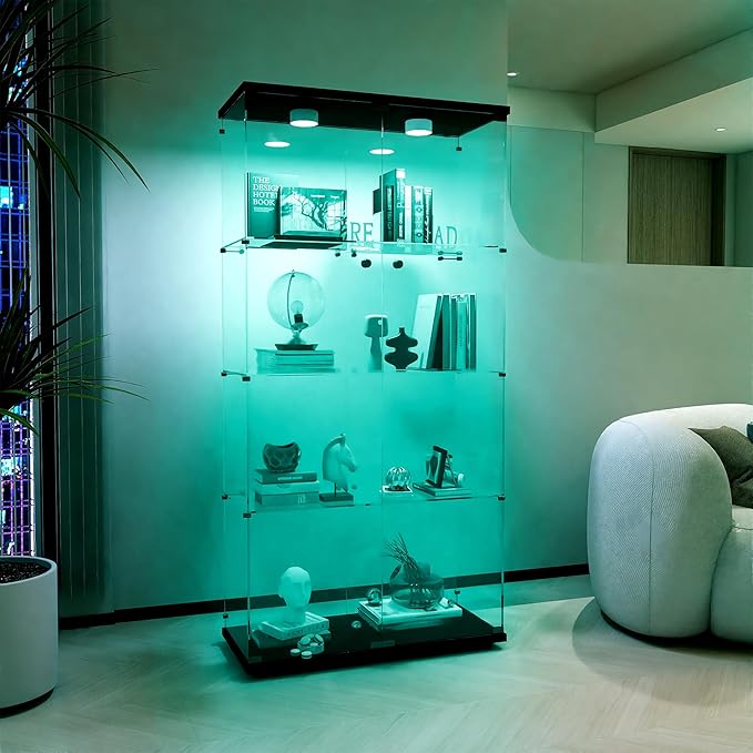 Glass Display Cabinet with Lights and Lock, 4-Tier Display Case Curio Cabinet with Glass Door, Floor Standing Showcase for Living Room Bedroom Home Office 31" W x 14.3" D x 64.5" H