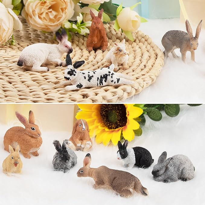Toymany 12PCS Easter Bunny Figures Toys for Kids, Rabbit Figures Farm Animal Toy for Cake Toppers Party Favors for Toddlers