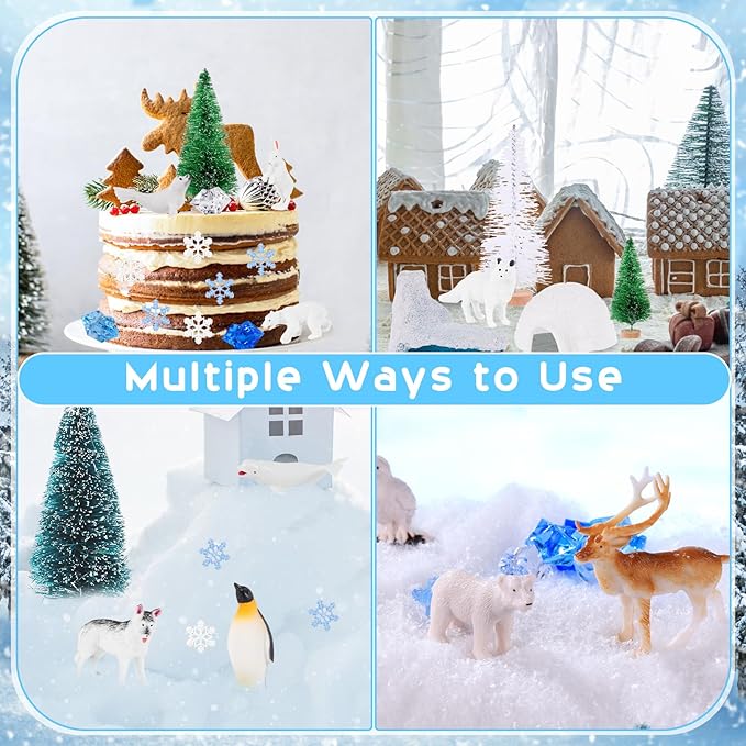 56 Pcs Arctic Animals Figurines Set Includes 14 Polar Animals Figurines 10 Pine Trees 4 Artificial Lceberg Fake Snow 3 Packs Fake Ice Rocks Fake Snow Blanket 2 Blue Tissue Paper Arctic Diorama Kit