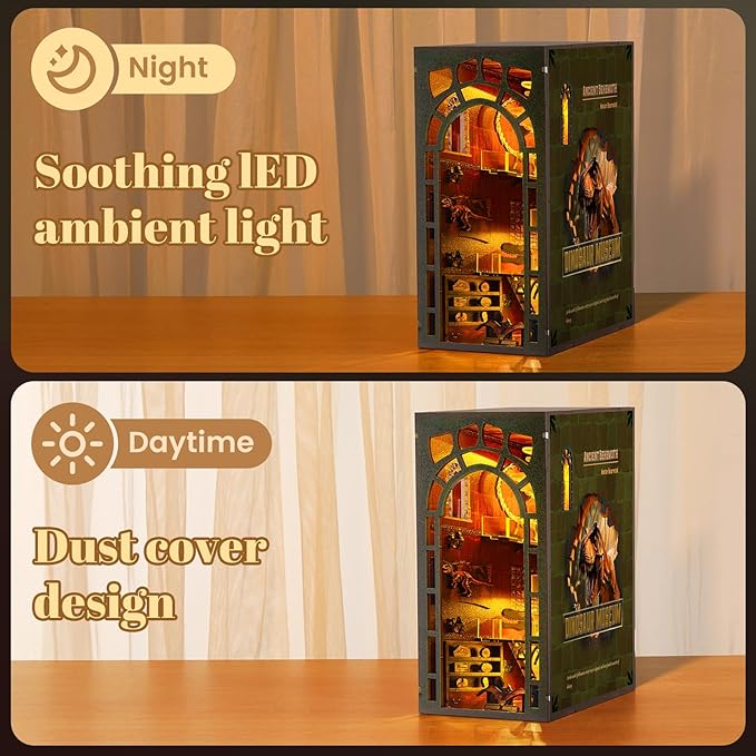 Book Nook Kit - DIY Booknook with LED Lights - 3D Wooden Puzzle for Adults - Bookshelf Insert Decor - Educational Gift for Family & Friends（Dinosaur Museum）