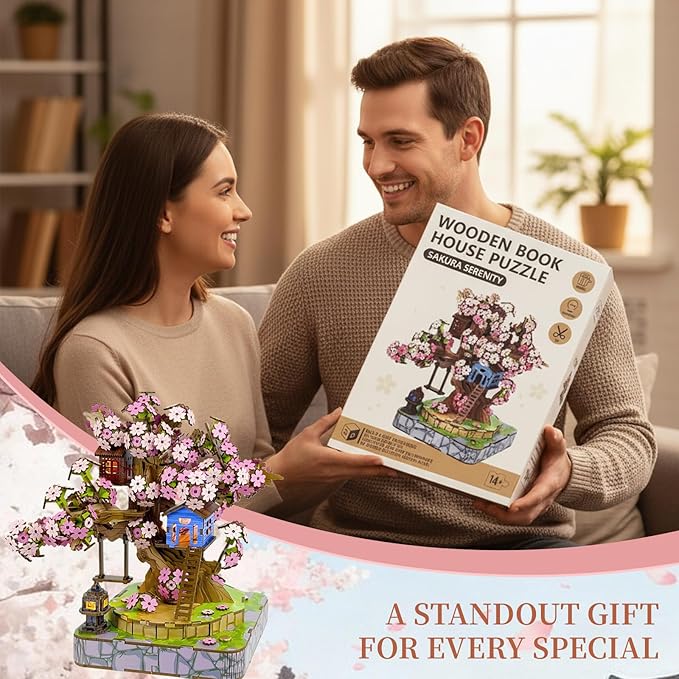 Sakura Tree House DIY Miniature Kit, 3D Wooden Puzzle Japanese Cherry Blossom Model, Bonsai Craft Building Set for Adults,Craft Kits for Adults,Unique Home Decor Gift for Family & Friends