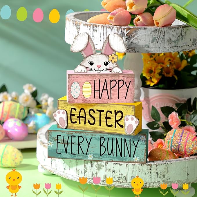 Moucuny 4 Pcs Easter Table Decorations Bunny Tiered Tray Decor Wooden Bunny Block Signs Gifts Happy Easter Centerpiece for Tables Wood Rabbit Tabletop Signs for Kitchen Home Shelf Office DECOR