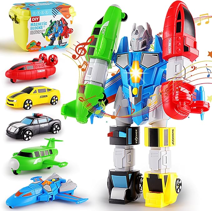 5-in-1 Magnetic Vehicles Playset Toy, Transform to Robot, Mix & Match Assembling Building Action Figures Kit with Storage Box, Birthday Gift for Kids, Boys & Girls 3 4 5 6 7 Year