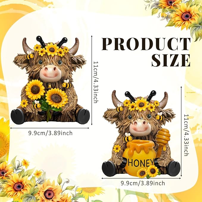 Burbell 2 Pack Bee Highland Cow Resin Figurine Summer Bee Bathroom Highland Cow Gnomes with Sunflower Starfish Resin Statue for Garden Table Shelf Home Decor Calf Gnome Herd Gifts