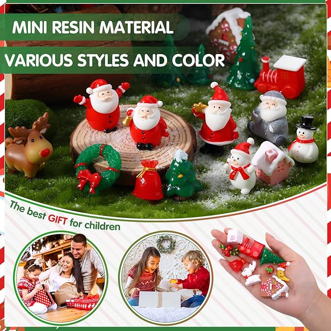 39PCS Christmas Miniature Figurines, Mini Resin Figurines to Hide Small Resin Santa Claus Snowman Xmas Trees Animals for Xmas Goodie Bag Mini Presents for Crafts