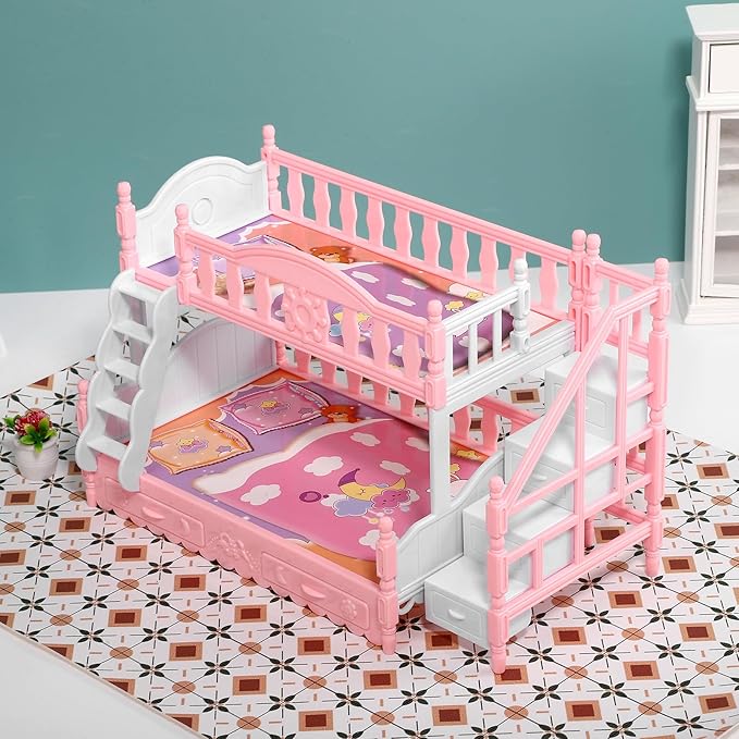 Totority 1/12 Scale Dollhouse Bunk Bed Dollhouse Furniture with Bedding and Pillow, Space-Saving Lightweight Design for Kids' Pretend Play and Doll House Decoration