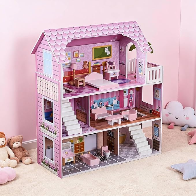 3 Story Dollhouse for Girls with Furniture, Pink Wooden Doll House Playset for Kids Ages 3-8, Multi-Room Modern Doll Cottage with Movable Accessories, Storage & Easy Assembly for Imaginative Role Play