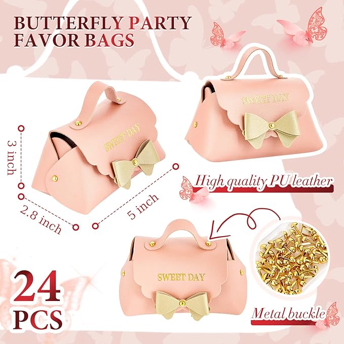 Dandat 24 Pcs PU Leather Bowknot Gift Boxes 5x3 Inch Reusable Candy Favor Bags with Handles, Elegant Mini Handbag Purse for Wedding, Birthday, Party Favors(Pink)