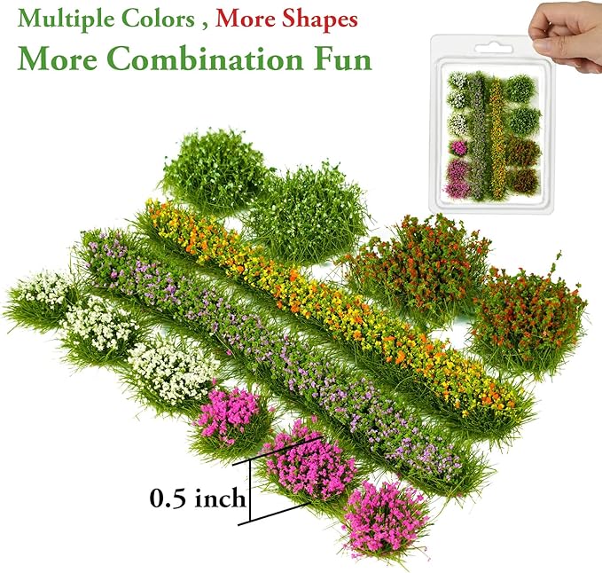 Warmtree 12 Pcs Miniature Colorful Flower Cluster Miniature Flowers Static Grass Tufts for Diorama Supplies Woodland Scenics Terrain Railway Scenery Table Landscape(Rose Red White)