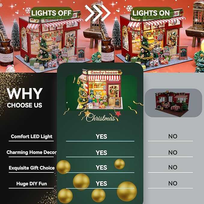DIY Miniature House Kit, Christmas Miniature Dollhouse Kits, Tiny House with LED, Christmas Village Houses Set, 3D Wooden Puzzle Mini House, Craft Gift for Adults