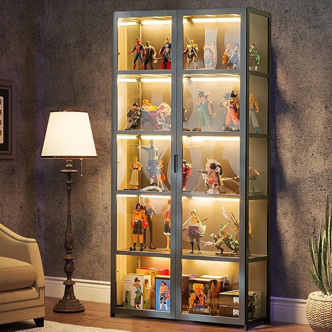 5-Tier Curio Display Cabinet with Acrylic Doors - 64” Transparent Display Case for Figures, Display Shelves for Collectibles & Storage Cabinets for Home, Office, Playroom, Living Room, Grey