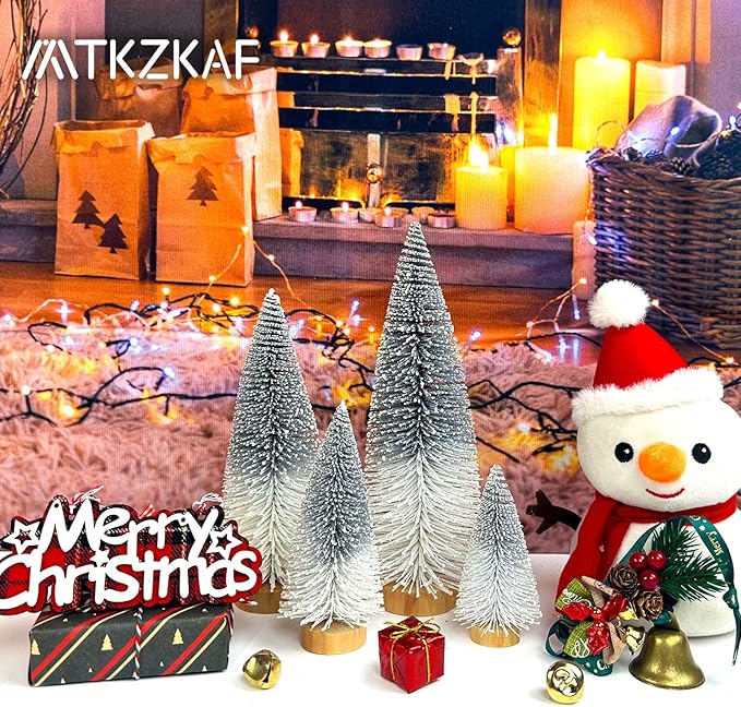 MTKZKAF Mini Christmas Trees Bottle Brush Christmas Trees for Christmas Decorations Multicolor Table Top Gradient Christmas Tree with Wooden Base (Silvery+White)