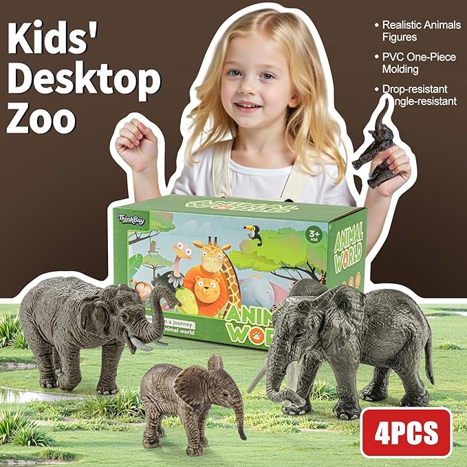 4PCS Safari Elephant Animals Figurines Toys, Plastic Zoo Animals Toys for Kids Includes African & Asian Elephant and Cubs, Birthday Gift Party Favors Cake Toppers for Boys Girls