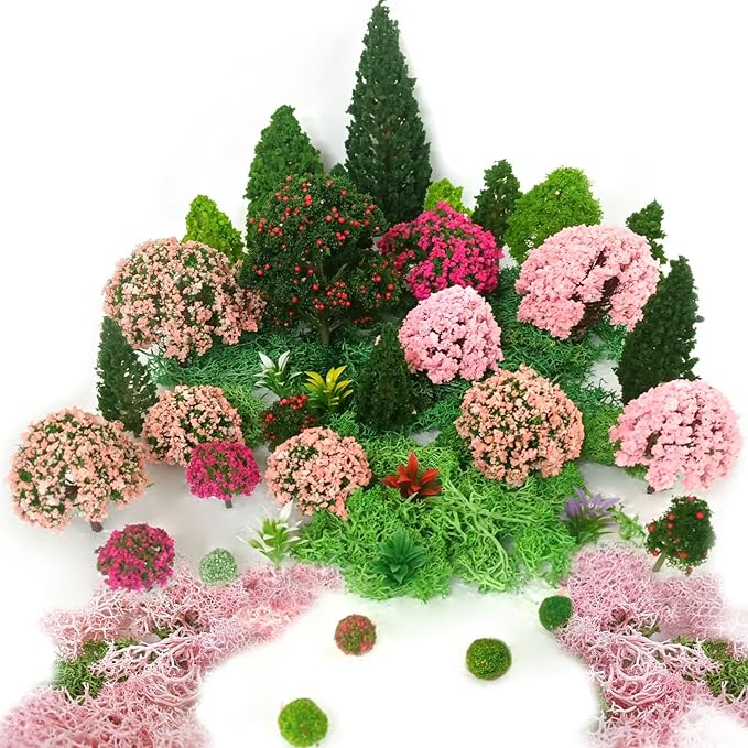 QuarenDen Mixed Model Trees, Model Train Scenery, 37Pcs, Miniature Trees with Moss for Building Model, Natural Green Landscape, Railroad Scenery