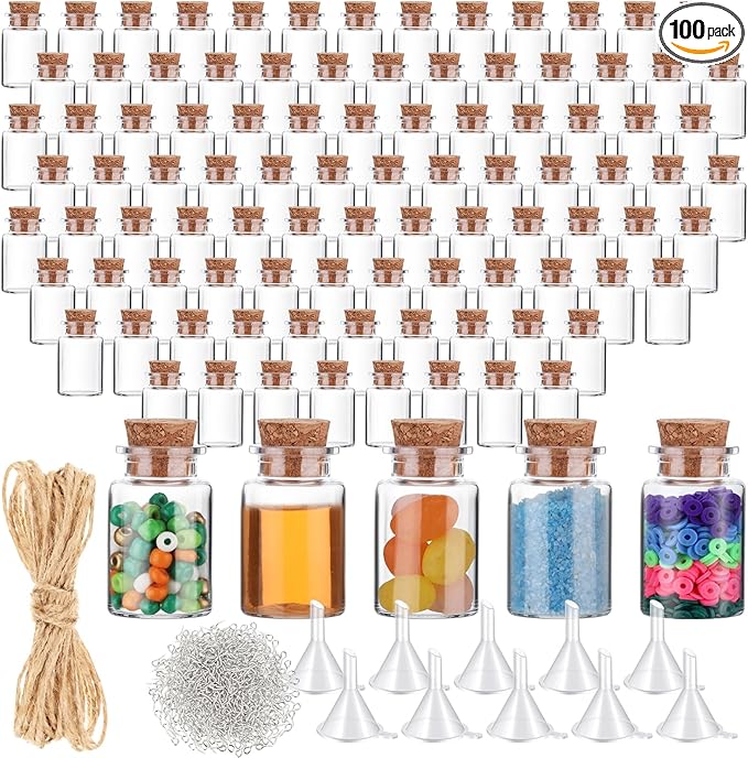 Bokon 100 Packs Mini Plastic Bottles with Corks Stoppers Eye Screws Funnels Small Potion Bottles Tiny Clear Sand Art Jar Wishing Vial for Birthday Party DIY Crafts Gift