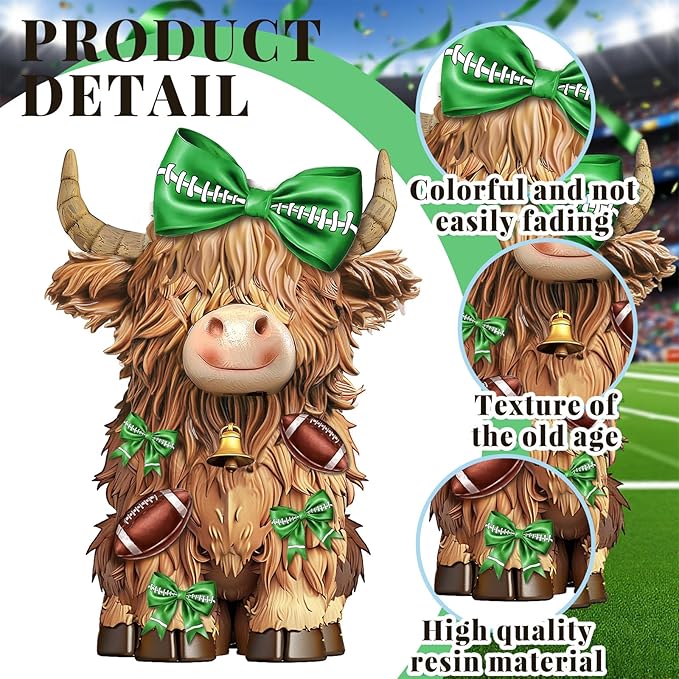 Burbell 2 Pack Football Highland Cow Resin Figurine Decor Bathroom Highland Cow Gnomes with Football Scarf Resin Statue for Garden Table Shelf Home Decor Calf Gnome Herd Gifts