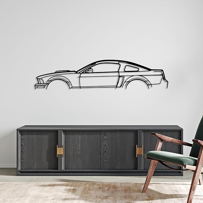 DecoSoul Mustang Metal Car Wall Art, Sports Car, Automotive Silhouette Line Decoration, Minimalist Sculpture for Garage, Indoor Outdoor Wall Hanging, Gift for Boyfriend (Black - 45 x 12.4” inch)