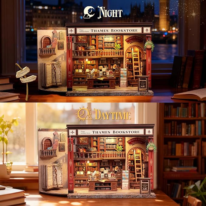 CUTEBEE Book Nook Kit - British Bookstore Magic DIY Miniature House Dollhouse Kit for Adults, Library Booknook Bookshelf Decor 3D Wooden Puzzle, Gifts for Family, Friends(Thames Bookstore)