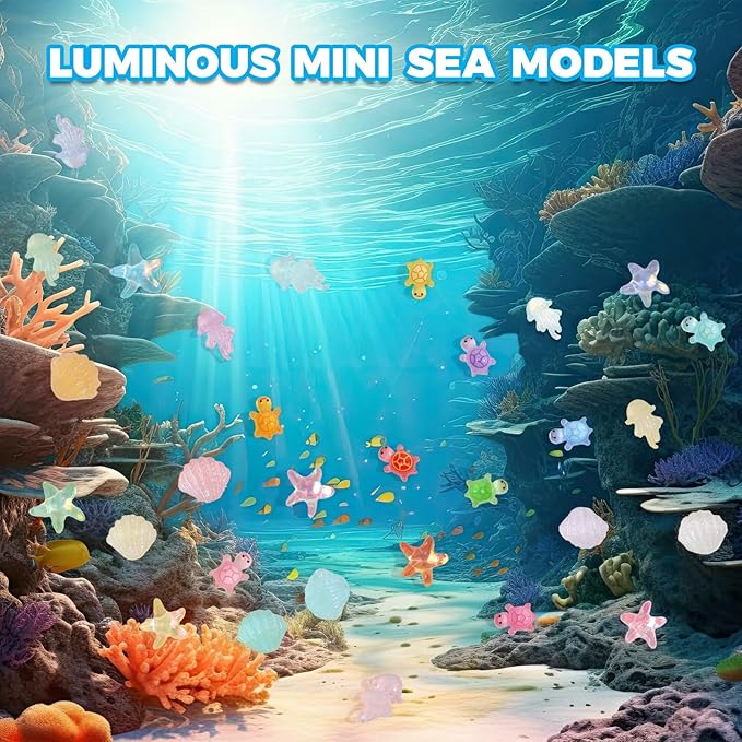 400pcs Luminous Mini Ocean Resin Animals Starfish Jellyfish Seashell Mini Turtles Set Resin Animals Tiny Sea Models for Dollhouse Miniatures DIY Fish Tank Fairy Garden Micro Landscaping